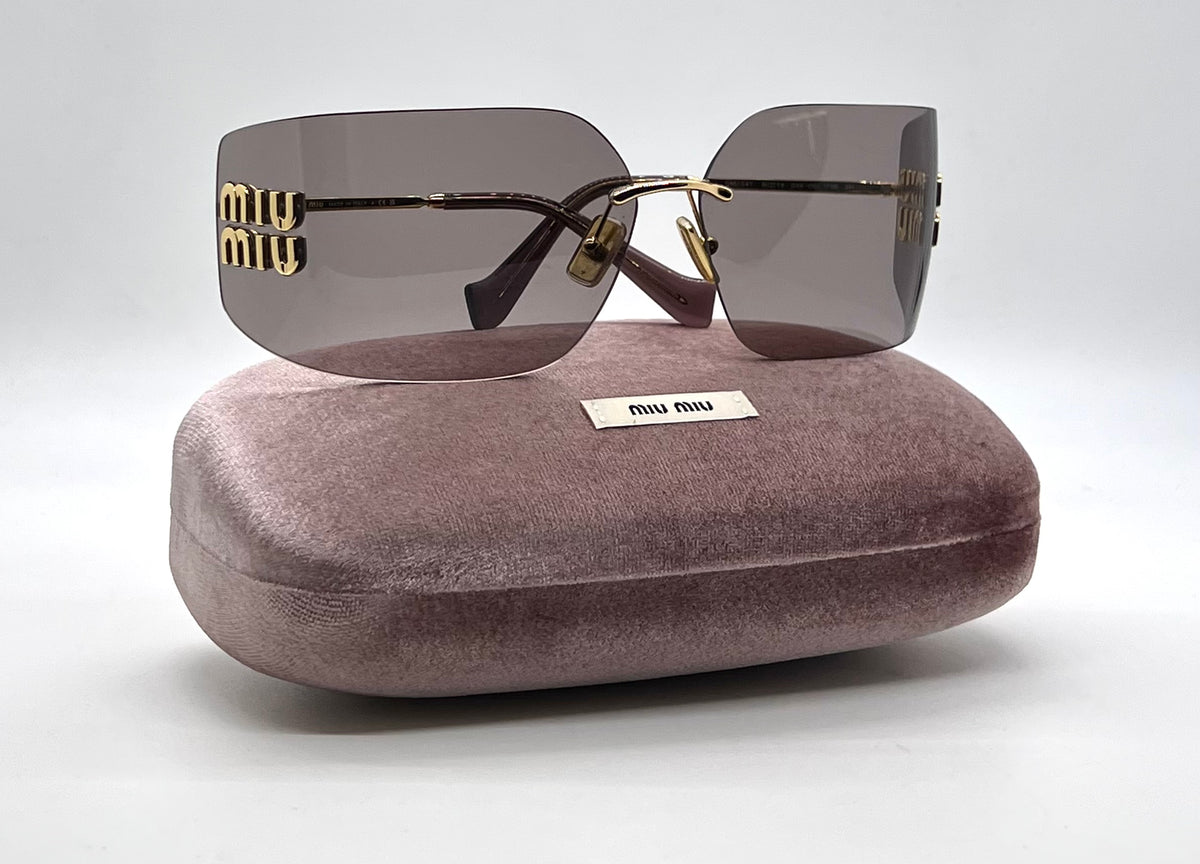 Miu Miu Aube MU 54YS-Gold Mauve Rimless Sunglasses-Unworn-Full Kit-Italy
