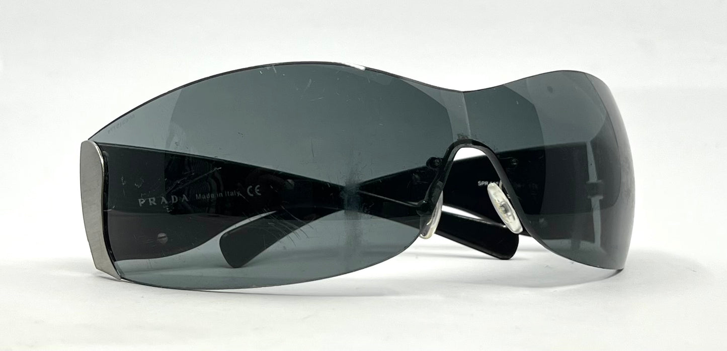 Prada SPR 58F Shield Sunglasses 5AV-1A1 Black Silver Full Kit Italy