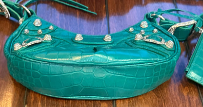 Balenciaga Le Cagole XS Green Croc Embossed Crystal Stud Bag Full Set