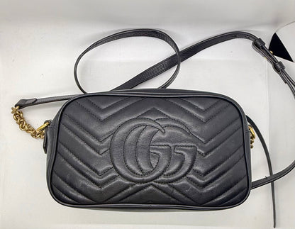 Gucci GG Marmont Small Camera Bag-Black Leather- Chevron Gold