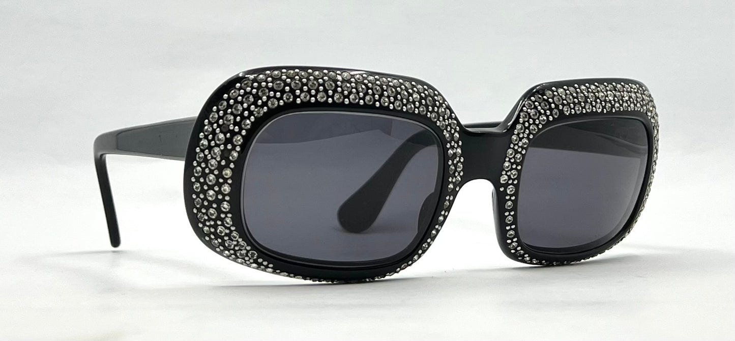 Vintage Rhinestone Sunglasses-Oversized Black Crystal Couture Rare-Made in France