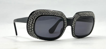 Vintage Rhinestone Sunglasses-Oversized Black Crystal Couture Rare-Made in France