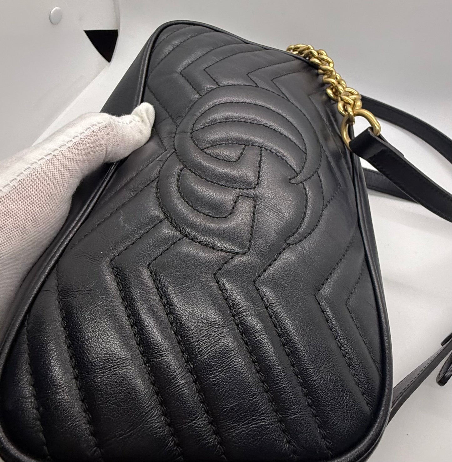 Gucci GG Marmont Small Camera Bag-Black Leather- Chevron Gold