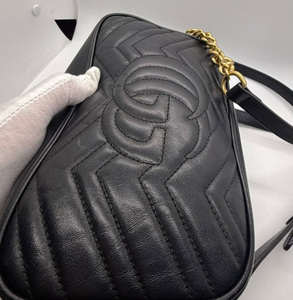 Gucci GG Marmont Small Camera Bag-Black Leather- Chevron Gold
