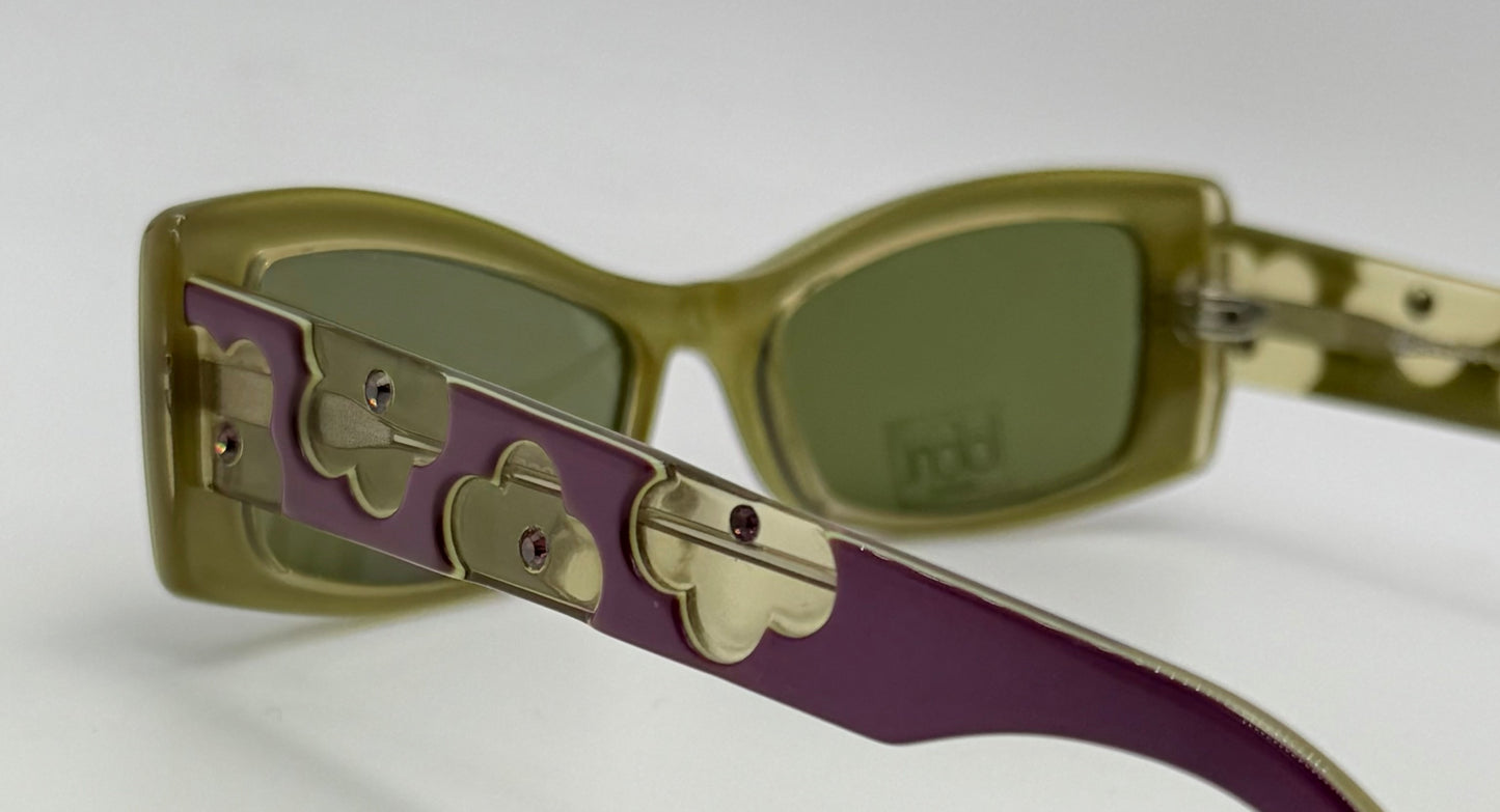 Deadstock Vintage LaFont Paris POPPY 983 Sunglasses-Olive Green & Purple Clover Detail-Made in France