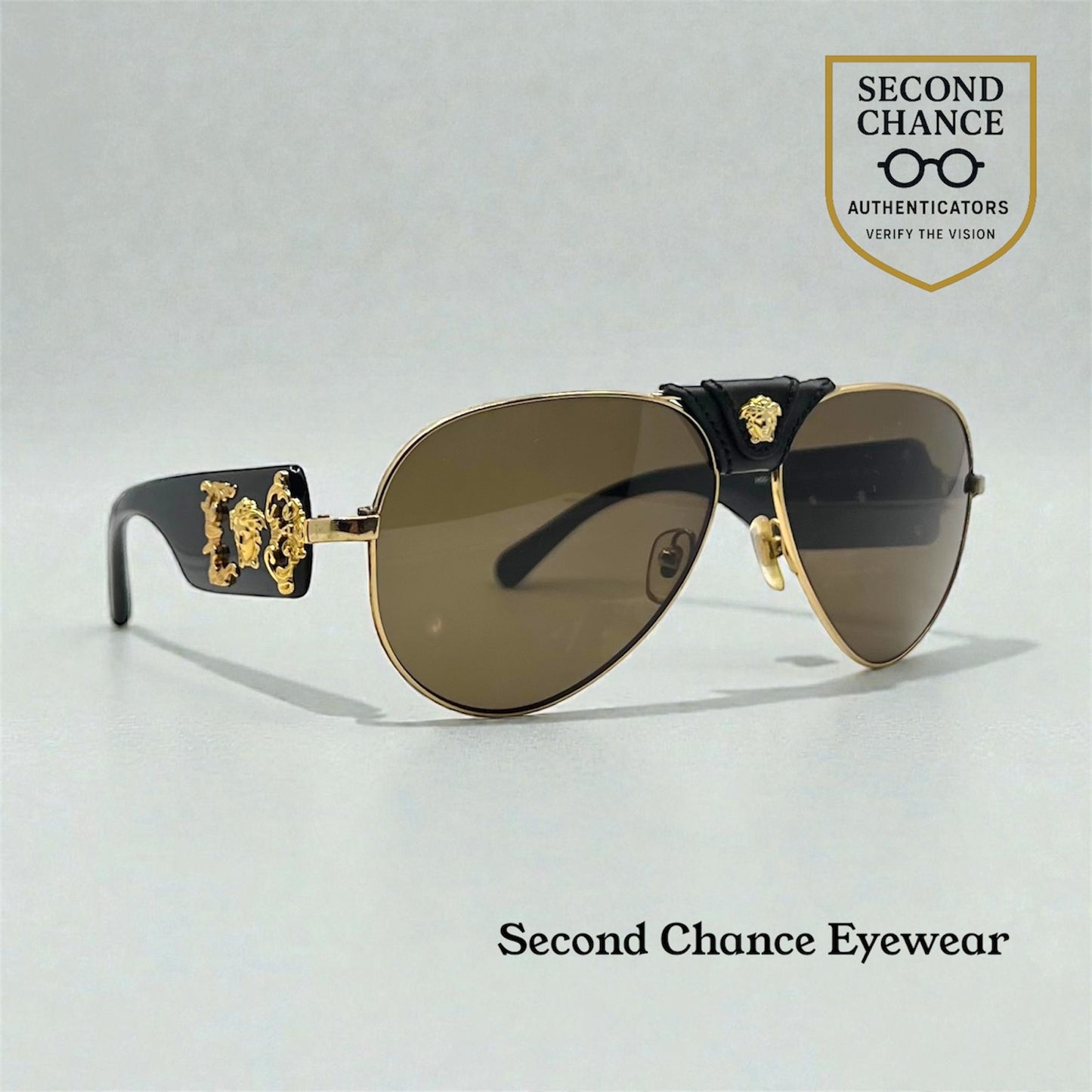 Versace VE2150Q Medusa Leather Bridge Gold Aviator Sunglasses-Unworn-Full Kit