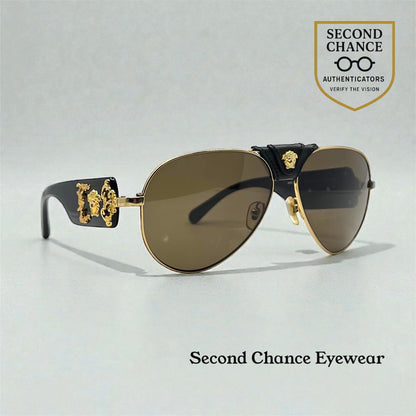 Versace VE2150Q Medusa Leather Bridge Gold Aviator Sunglasses-Unworn-Full Kit