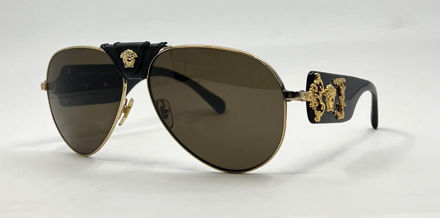 Versace VE2150Q Medusa Leather Bridge Gold Aviator Sunglasses-Unworn-Full Kit