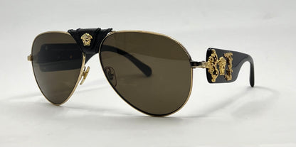 Versace VE2150Q Medusa Leather Bridge Gold Aviator Sunglasses-Unworn-Full Kit