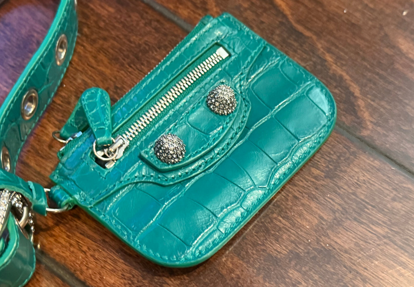 Balenciaga Le Cagole XS Green Croc Embossed Crystal Stud Bag Full Set