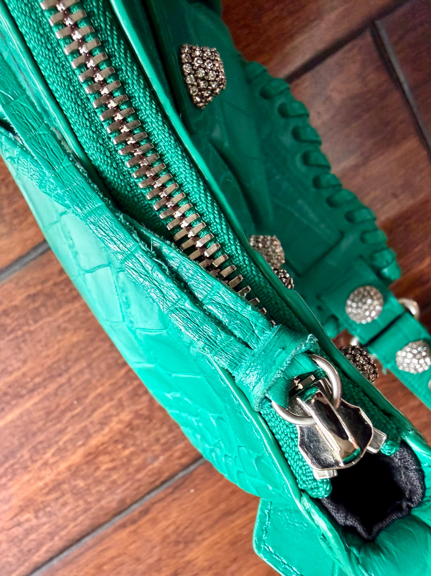 Balenciaga Le Cagole XS Green Croc Embossed Crystal Stud Bag Full Set