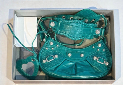 Balenciaga Le Cagole XS Green Croc Embossed Crystal Stud Bag Full Set