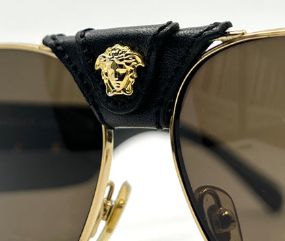 Versace VE2150Q Medusa Leather Bridge Gold Aviator Sunglasses-Unworn-Full Kit