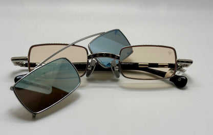 Brand New Philippe V X2 Titanium Rectangle Glasses | Yellow Lenses | Mirrored Silver Clip-On | Made in Japan