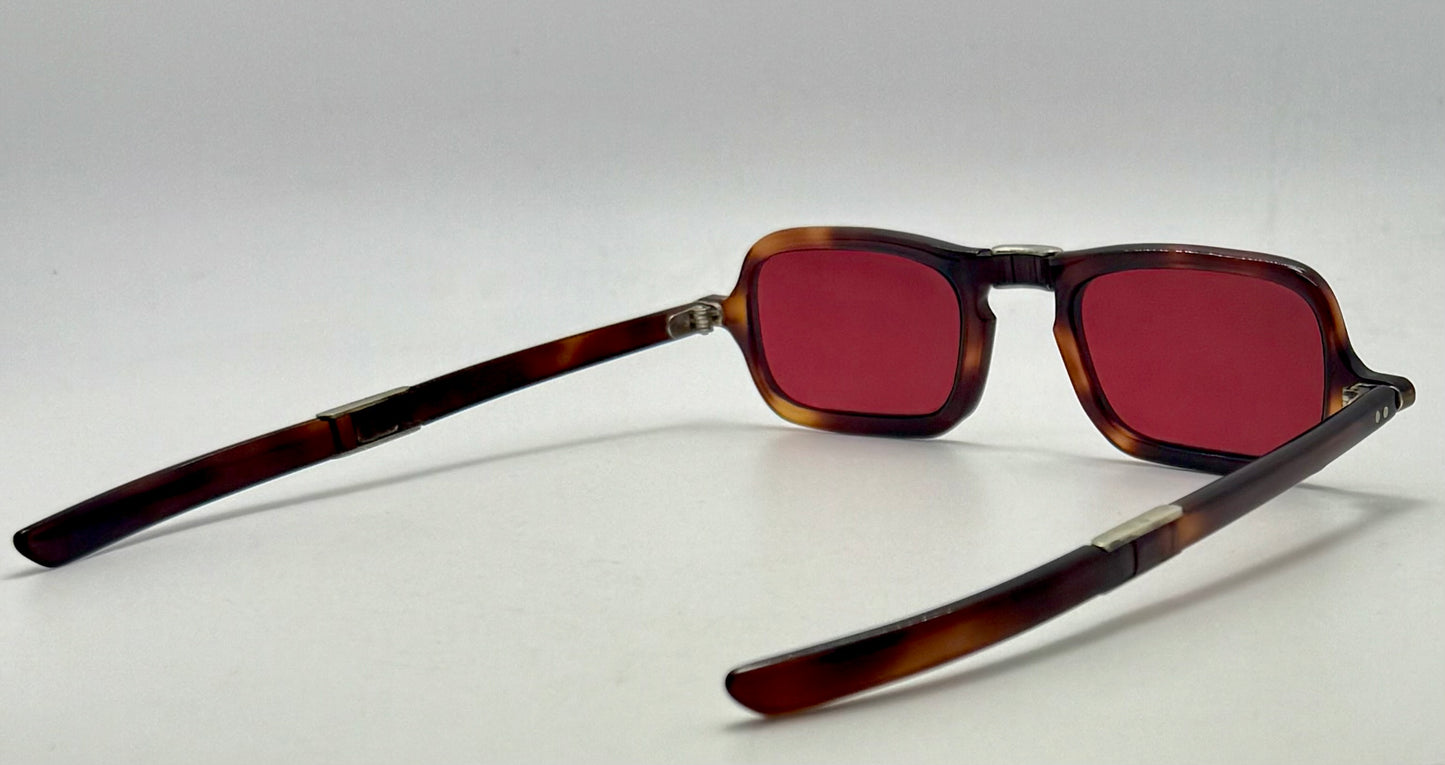 Folding Vintage 101 FRAME FRANCE Sunglasses-Dark Espresso Tort w/New, Custom Solid Crimson Berko’s Designs Lenses