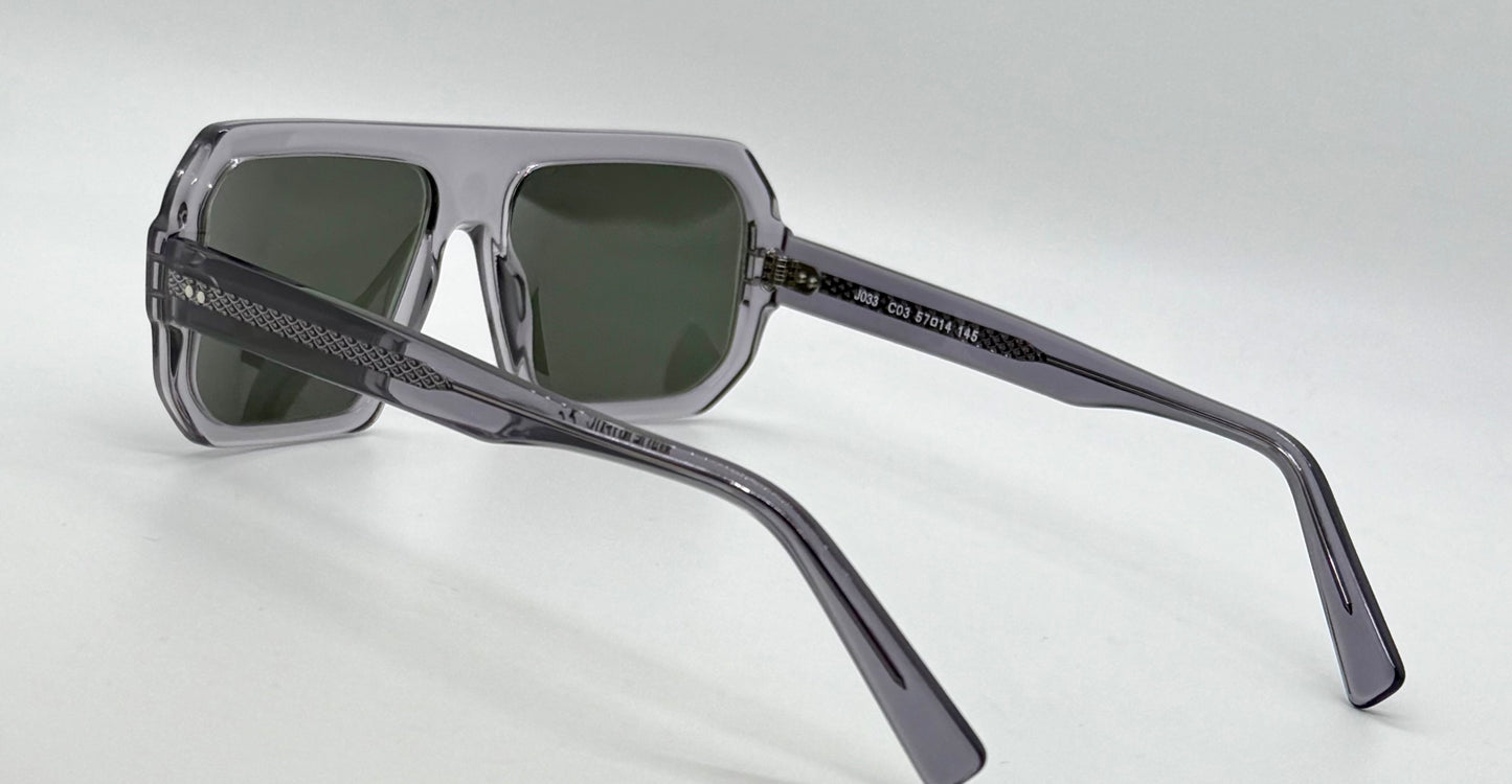 JAZO JO33 C03 Translucent Gray Sunglasses-Handcrafted in Italy, Carbon Fiber Temples, Green Lenses