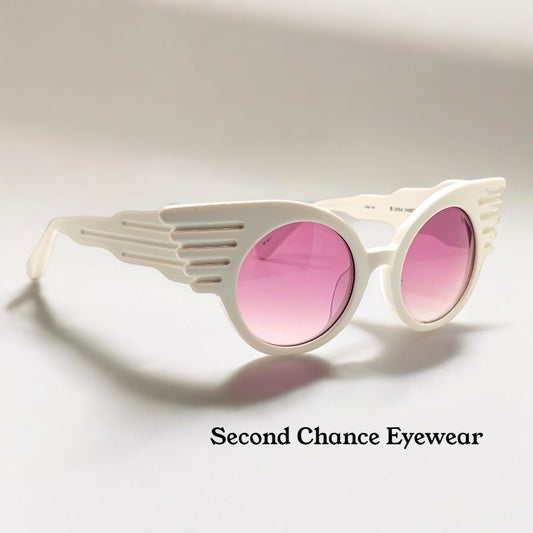 Vintage NOS Linda Farrow Projects x Jeremy Scott JS/WINGS/2 Handmade White Sunglasses with Pink Gradient Lenses