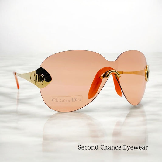 Vintage Christian Dior 2000 “John Galliano” Pink Shield Sunglasses – Y2K Iconic Gold-Tone Rimless Design