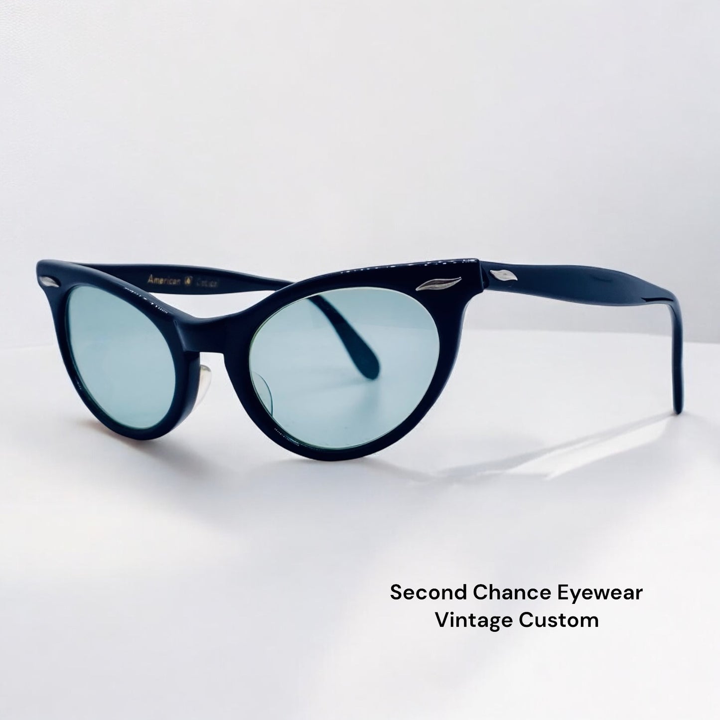 Vintage 1950s American Optical Cat-Eye Eyeglass Frames – Custom Berko’s Designs Aquamarine Lenses – 5 1/2” Temples