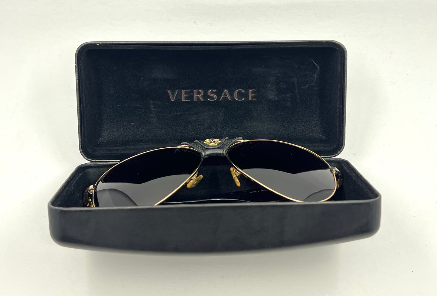 Versace VE2150Q Medusa Leather Bridge Gold Aviator Sunglasses-Unworn-Full Kit