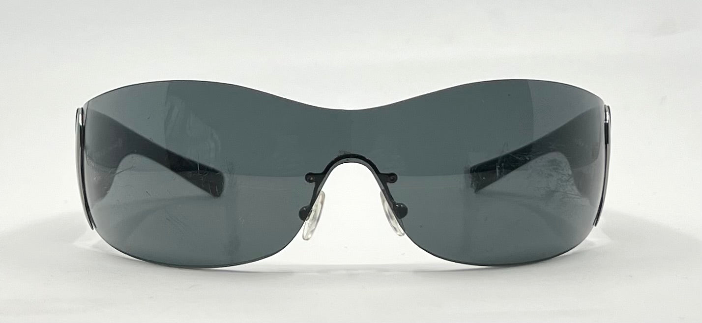 Prada SPR 58F Shield Sunglasses 5AV-1A1 Black Silver Full Kit Italy
