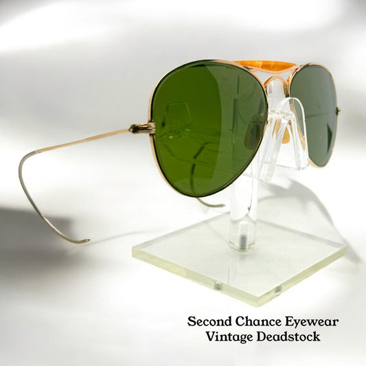 Vintage SG 1/10 12K Gold-Filled Aviator Sunglasses – Amber Brow Bar – Green Glass Lenses – Late 1950s–70s – USA Made-Deadstock