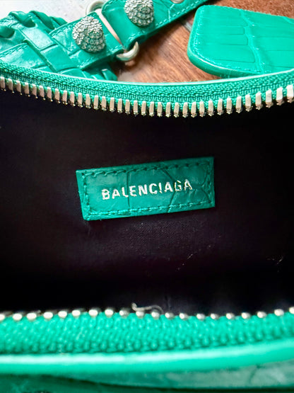 Balenciaga Le Cagole XS Green Croc Embossed Crystal Stud Bag Full Set