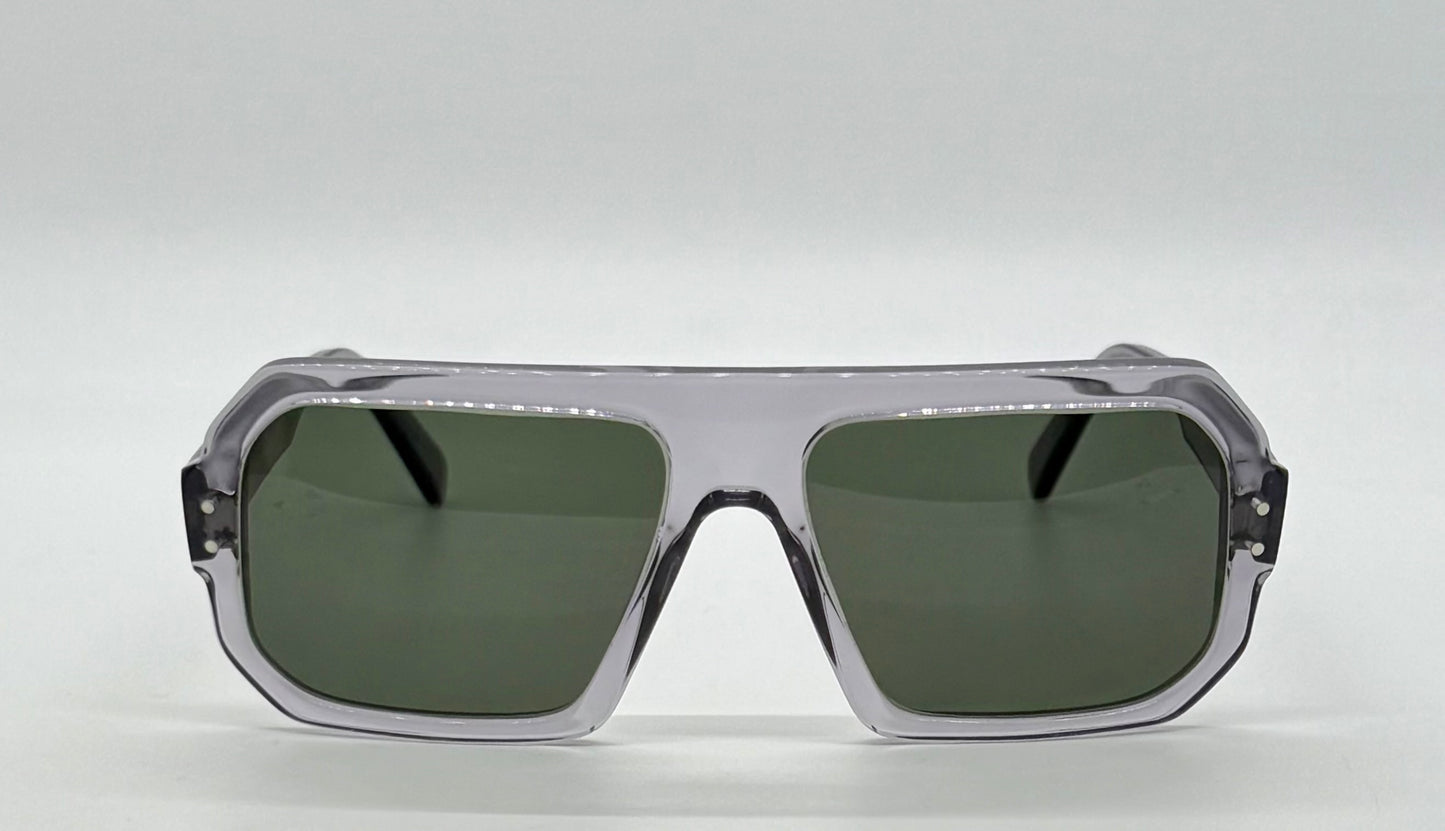 JAZO JO33 C03 Translucent Gray Sunglasses-Handcrafted in Italy, Carbon Fiber Temples, Green Lenses