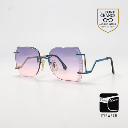 VOGUE GILT-Vintage Rimless Shield Sunglasses Faceted Edge Purple Pink Gradient NOS