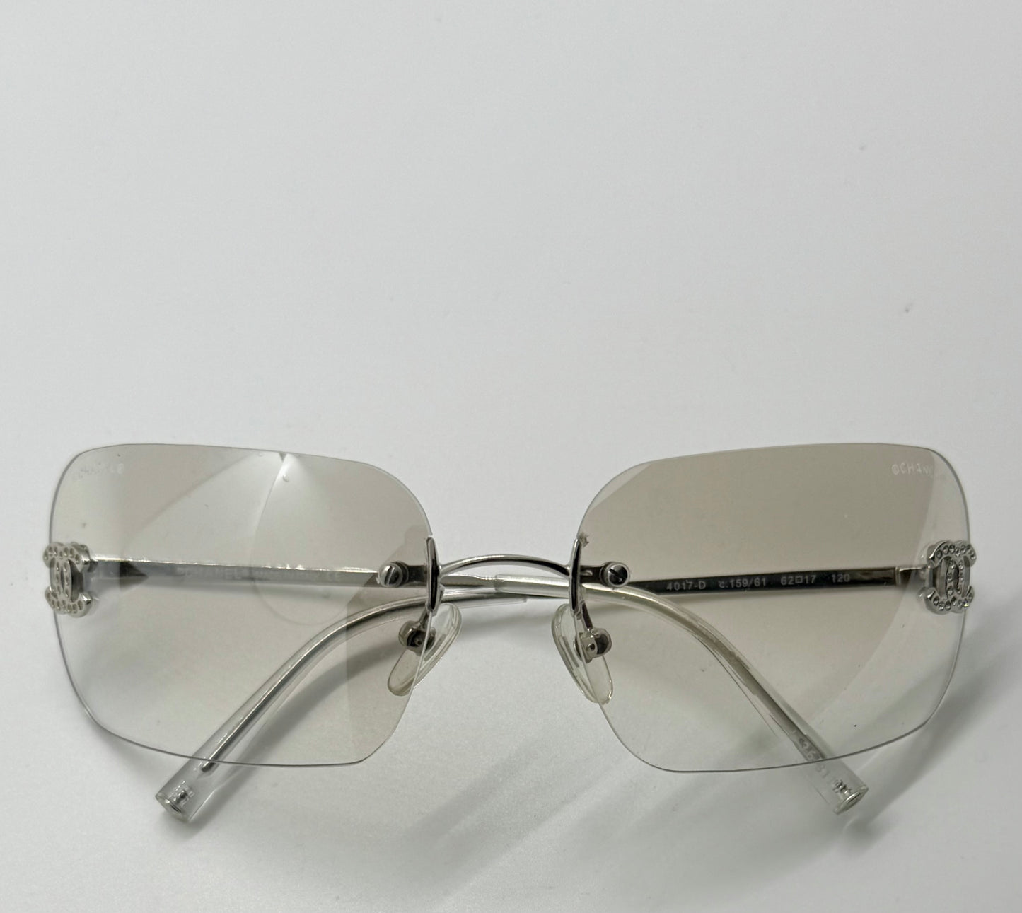 CHANEL 4017-D Silver Rimless Sunglasses Swarovski CC Logo Deadstock