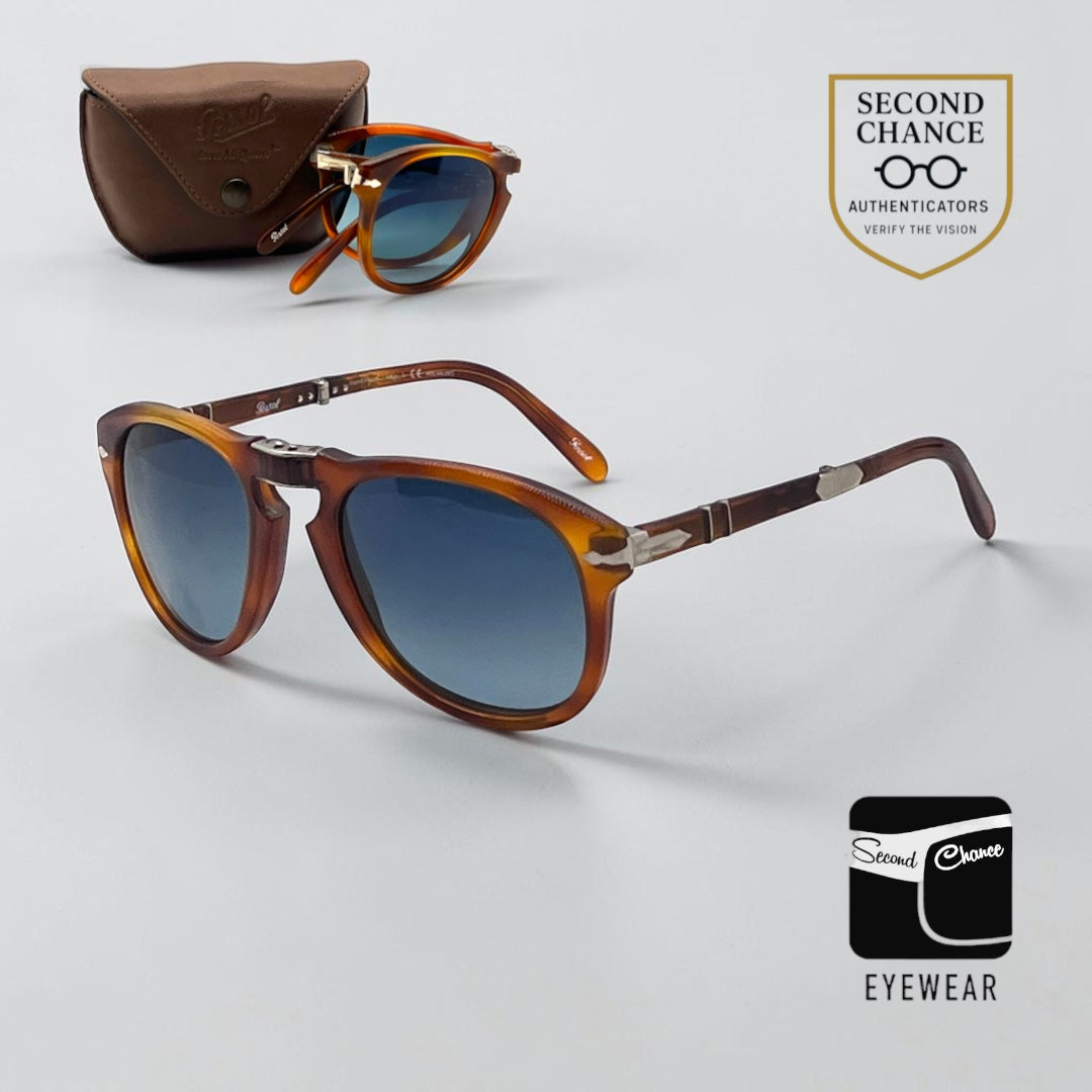 Persol 714SM Steve McQueen Light Havana Blue Sunglasses Unworn Case Made Italy