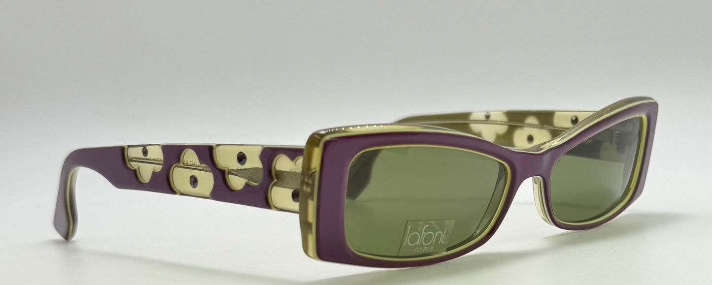 Deadstock Vintage LaFont Paris POPPY 983 Sunglasses-Olive Green & Purple Clover Detail-Made in France