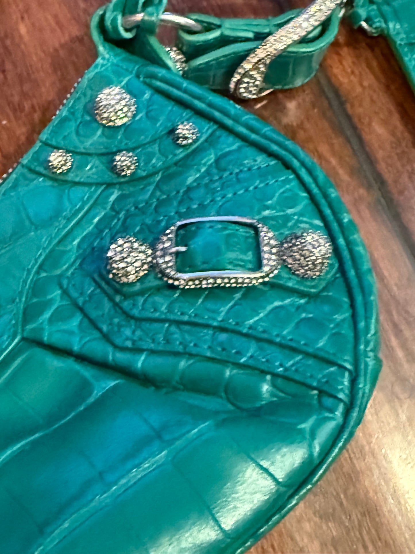 Balenciaga Le Cagole XS Green Croc Embossed Crystal Stud Bag Full Set