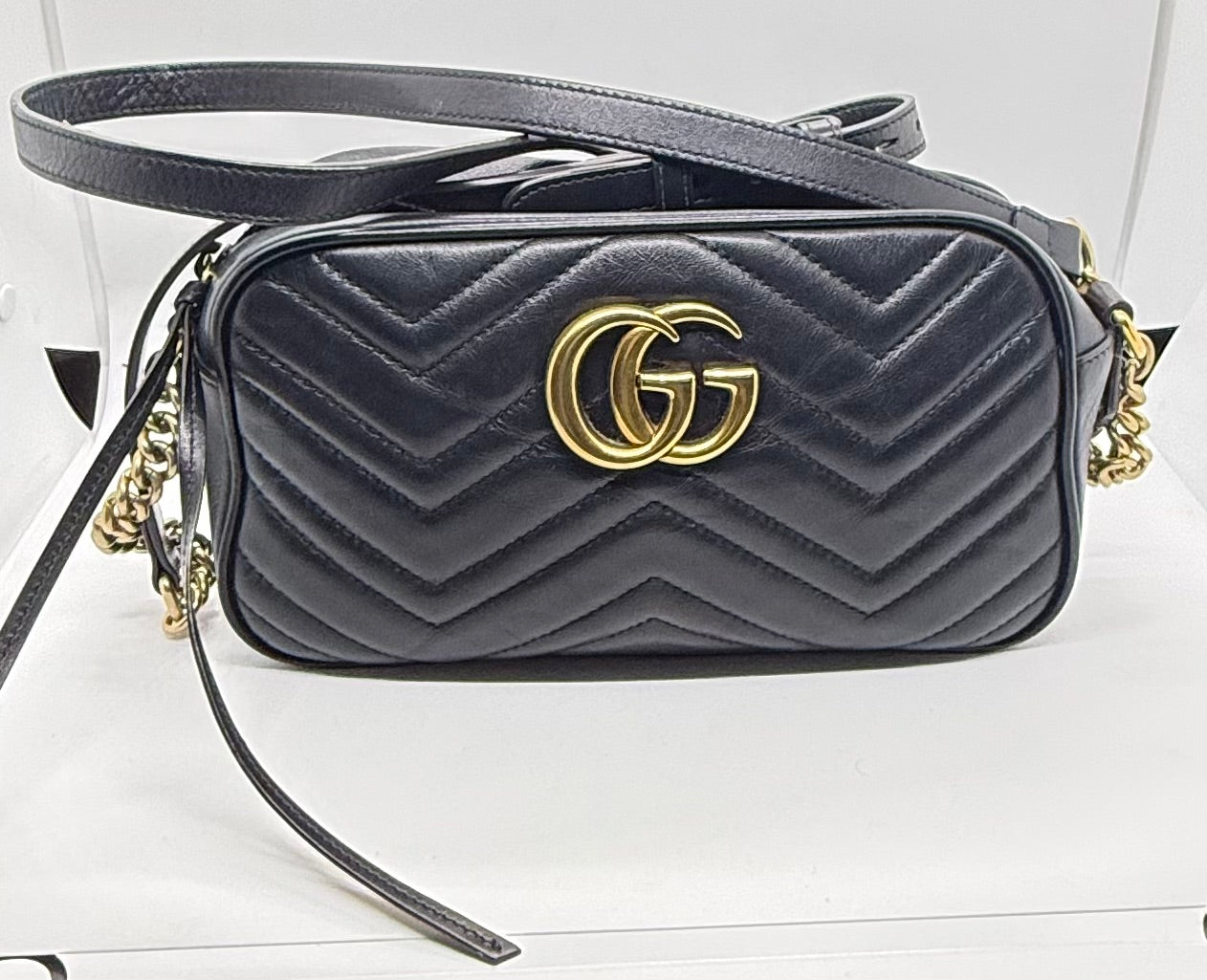 Gucci GG Marmont Small Camera Bag-Black Leather- Chevron Gold