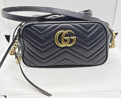 Gucci GG Marmont Small Camera Bag-Black Leather- Chevron Gold