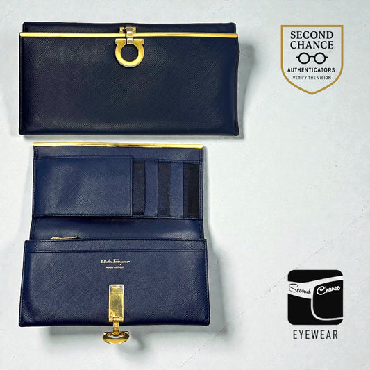 Salvatore Ferragamo Navy Saffiano Kisslock Long Wallet – Made in Italy