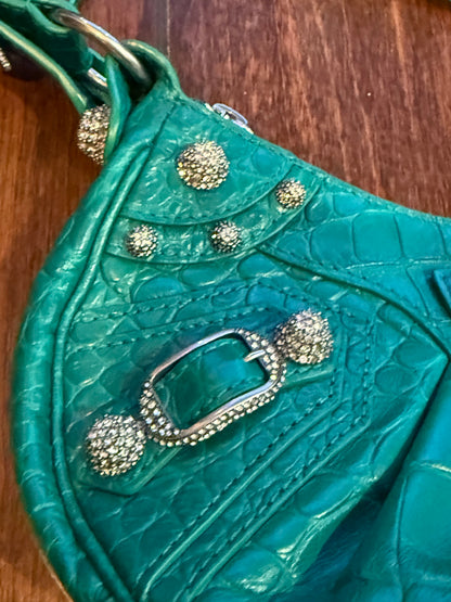 Balenciaga Le Cagole XS Green Croc Embossed Crystal Stud Bag Full Set