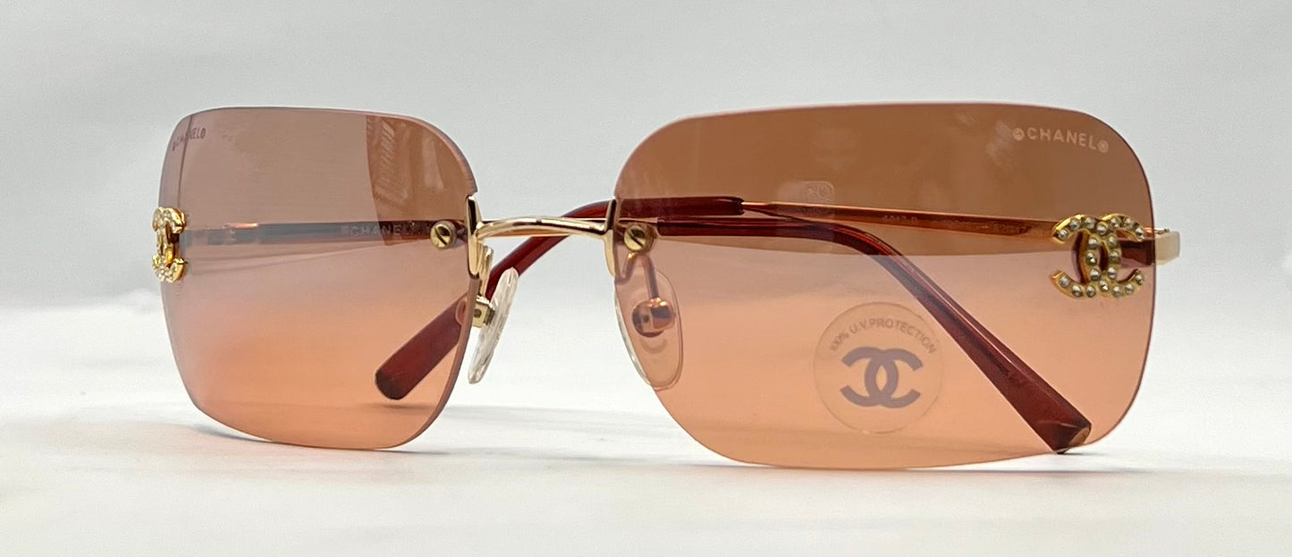 Chanel 4017-D Rimless Shield Sunglasses Swarovski CC-Unworn/Y2K Vintage-Italy