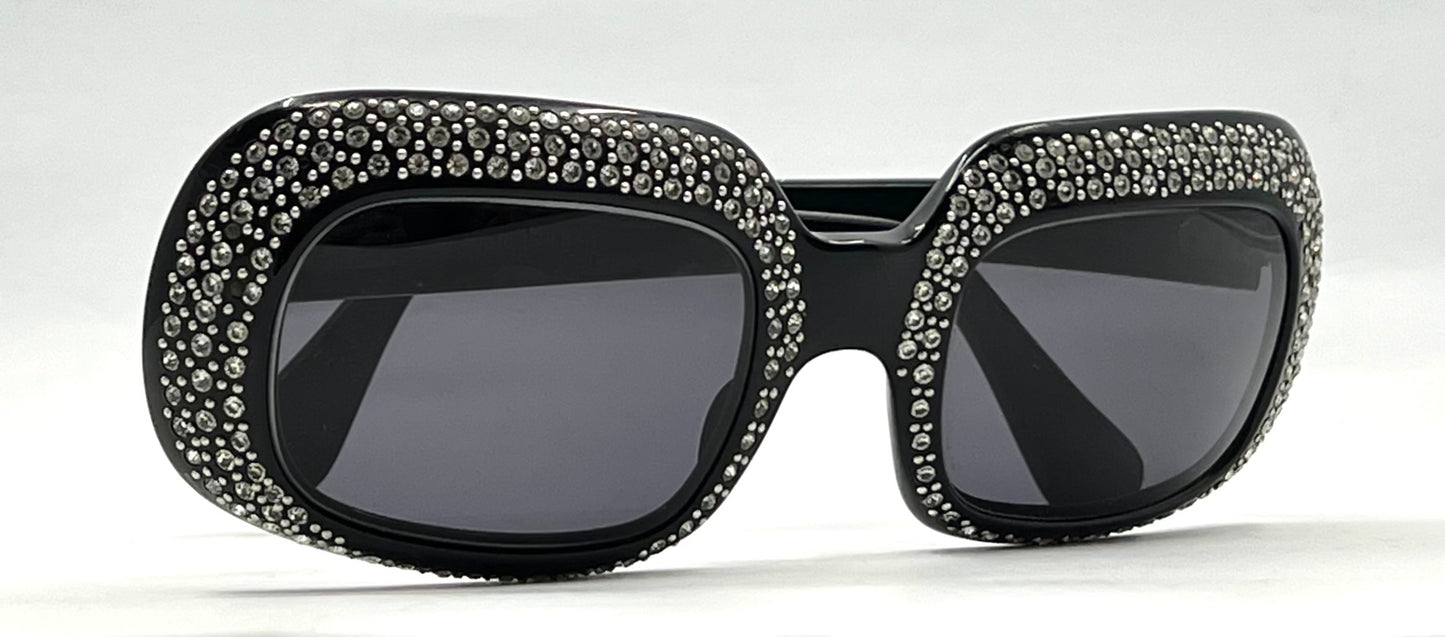 Vintage Rhinestone Sunglasses-Oversized Black Crystal Couture Rare-Made in France