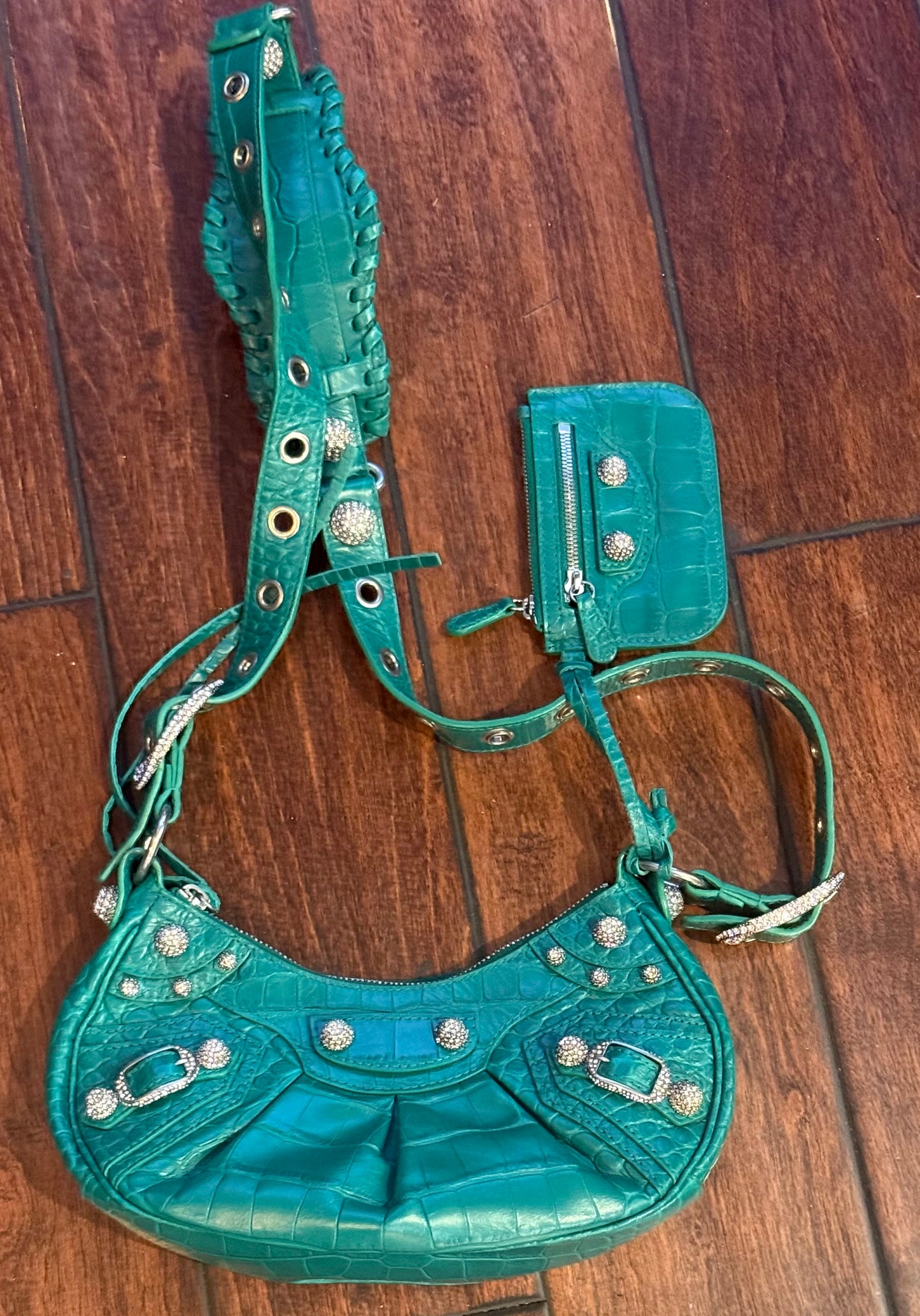 Balenciaga Le Cagole XS Green Croc Embossed Crystal Stud Bag Full Set