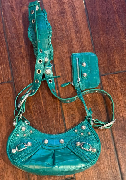 Balenciaga Le Cagole XS Green Croc Embossed Crystal Stud Bag Full Set