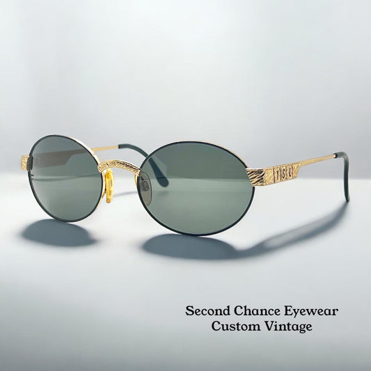 YSL 6043 Y104 Vintage Sunglasses-Gold Round Frame w/New, Custom Solid Green Lenses