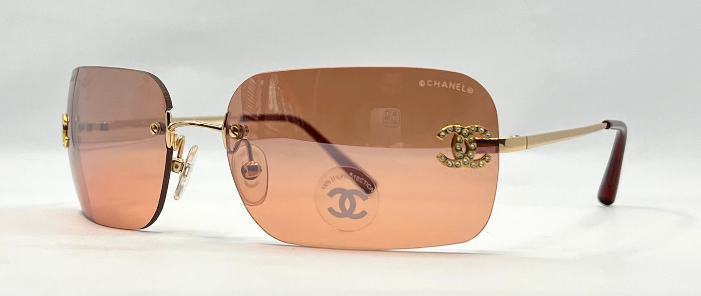 Chanel 4017-D Rimless Shield Sunglasses Swarovski CC-Unworn/Y2K Vintage-Italy