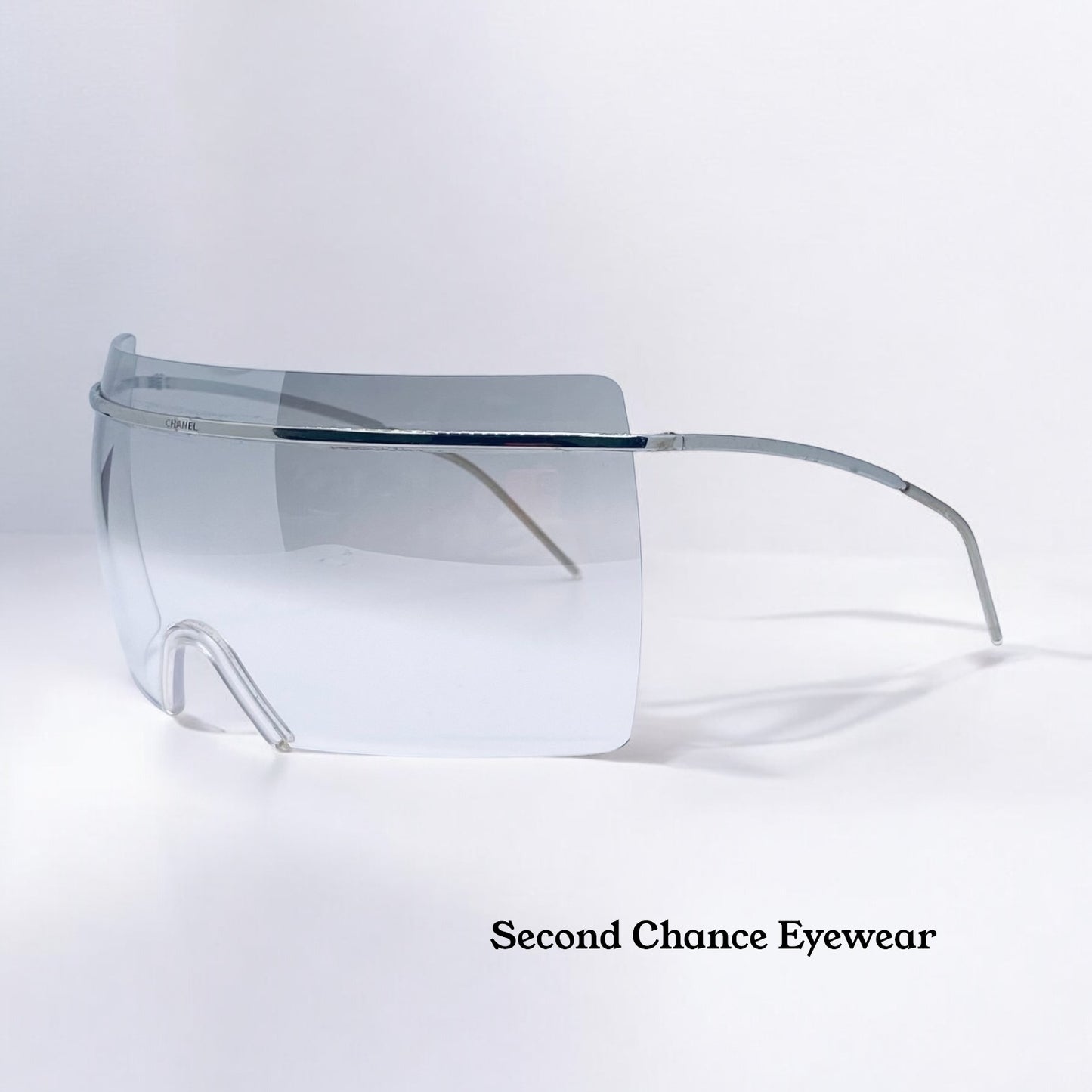 Chanel 4045 c.124/57 Vintage 2000s Shield Sunglasses-Silver Metal, Grey to Clear Gradient lens