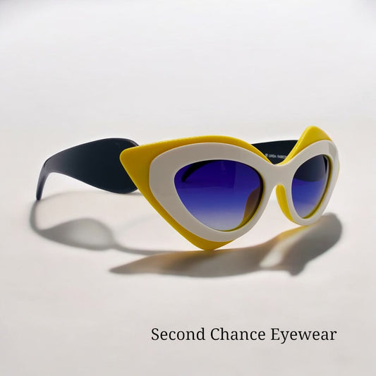 Linda Farrow x Prabal Gurung PG/17/5 Cat-Eye Sunglasses-Bold Yellow & White Acetate with Gradient Blue Lenses