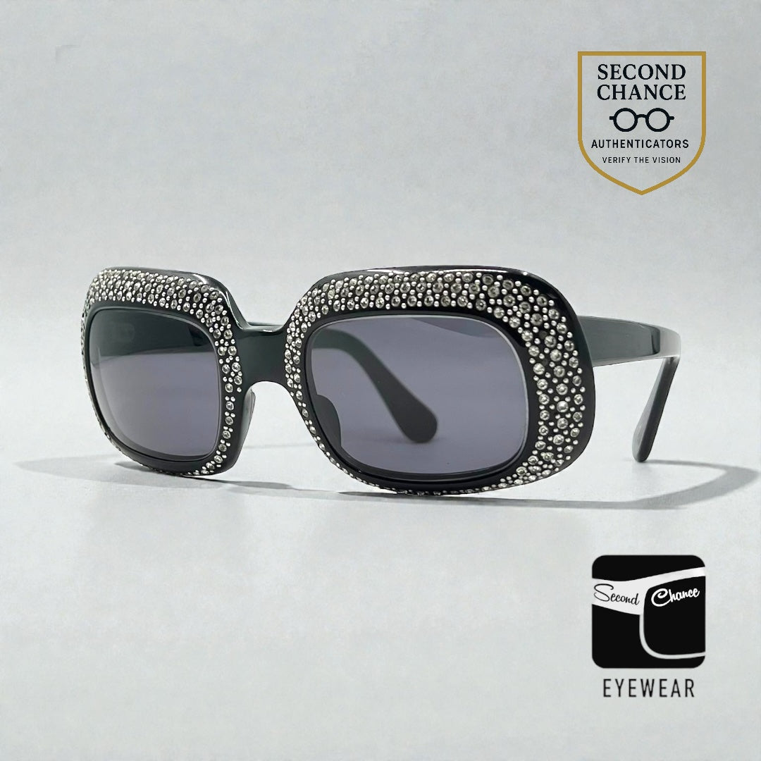 Vintage Rhinestone Sunglasses-Oversized Black Crystal Couture Rare-Made in France