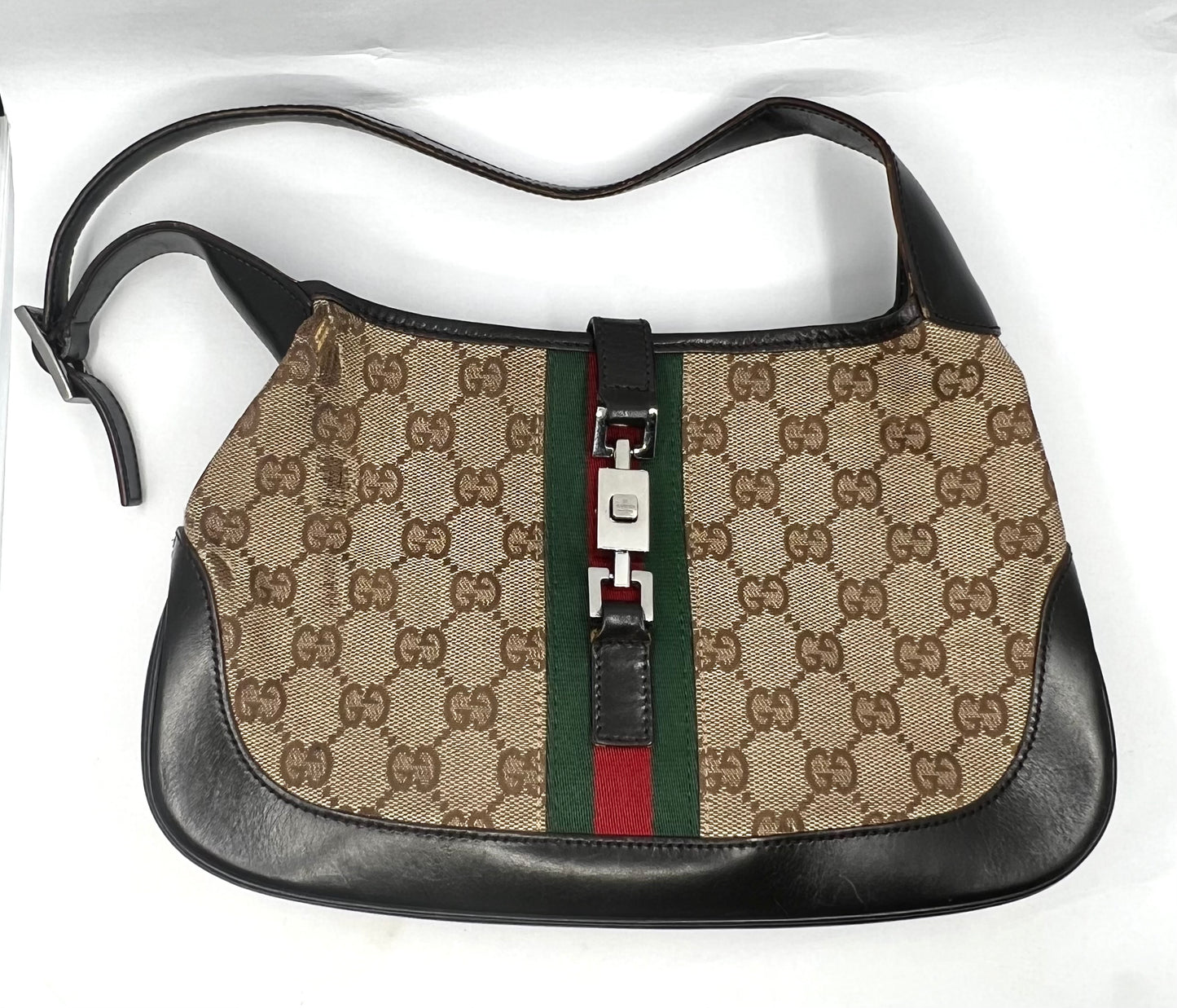 Gucci-Vintage Jackie GG Canvas Shoulder Bag-Green/Red Web-Italy