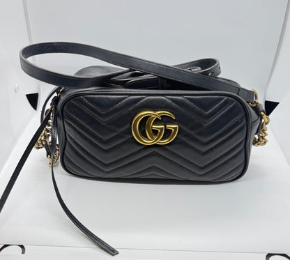 Gucci GG Marmont Small Camera Bag-Black Leather- Chevron Gold