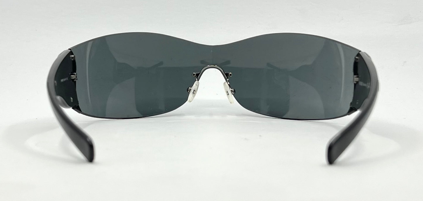 Prada SPR 58F Shield Sunglasses 5AV-1A1 Black Silver Full Kit Italy