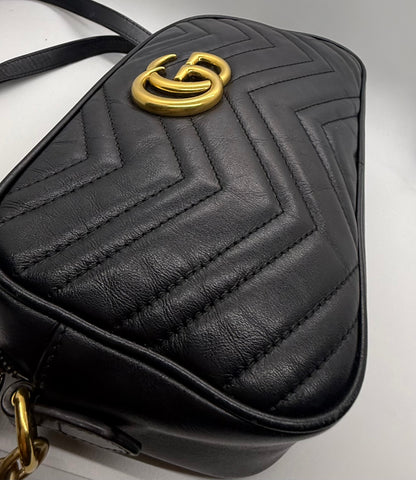 Gucci GG Marmont Small Camera Bag-Black Leather- Chevron Gold